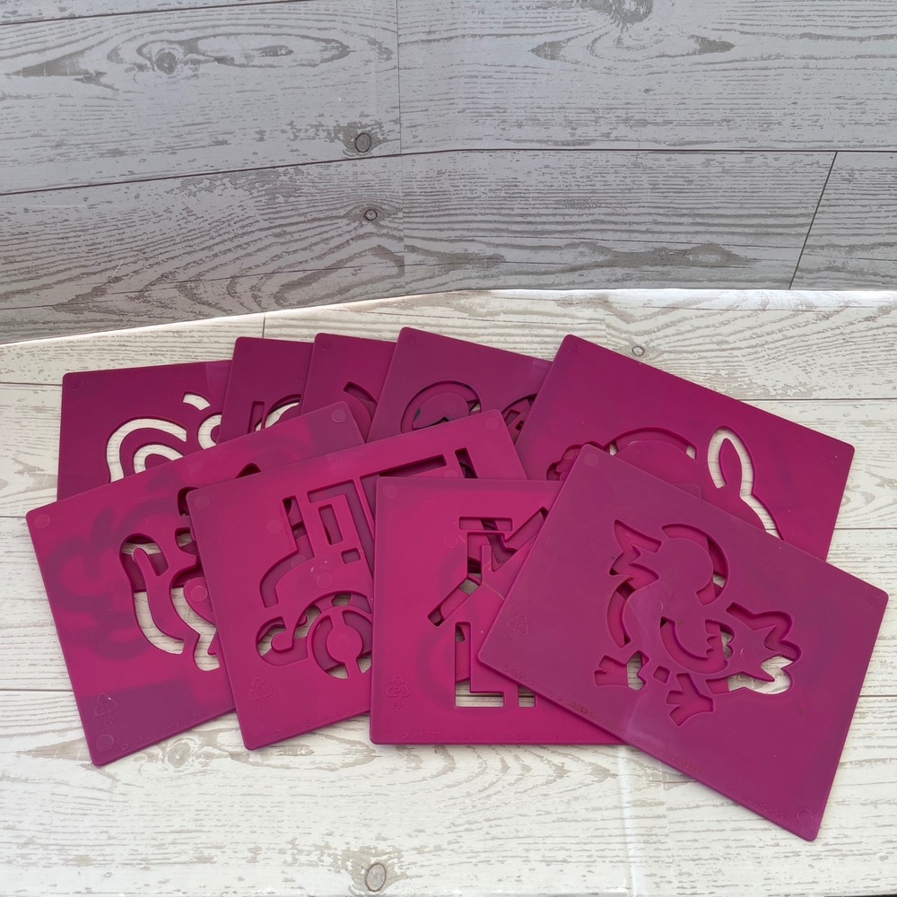 Vintage‎ 1993 Binney & Smith Pink Plastic Stencils Set of 9 Animals Vehicles 90s